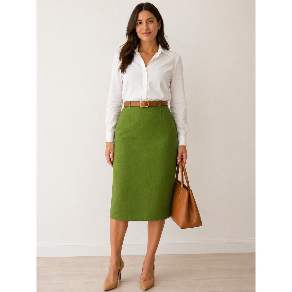 Vintage Womens Eileen Fisher Green Irish Linen Midi Skirt with Slit Size M